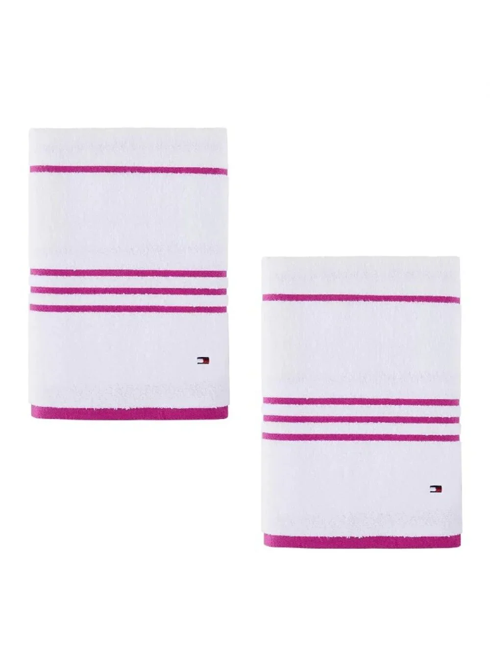 2 Tommy Hilfiger American 90% Cotton BATH Towels WHITE w/ RASPBERRY ROSE STRIPE